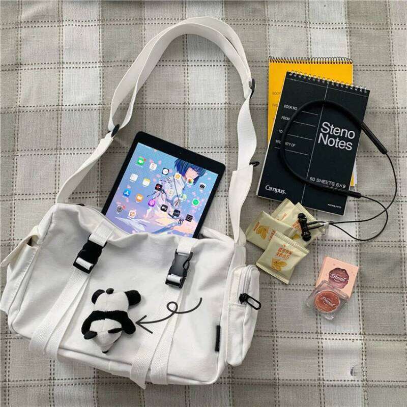 Black Crossbody Bags Women Design Pockets Canvas Large Capacity Tote Dark Academia Retro Cross-body Bag Unisex BF Japanese Style