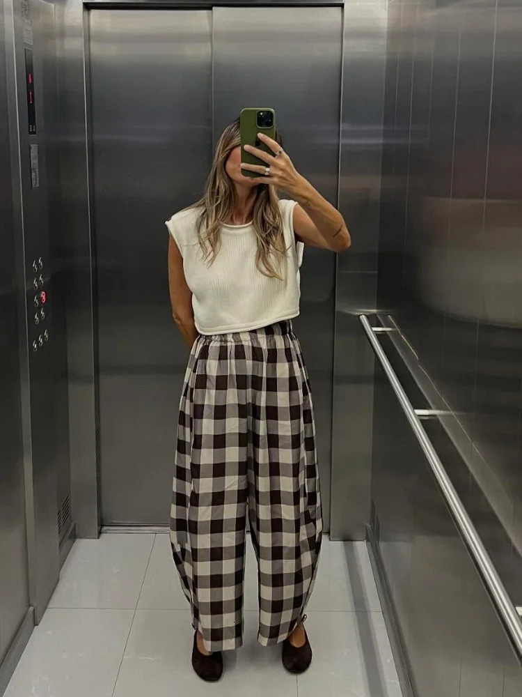 Checkered Pattern Lantern Pants Women Loose Straight Cut Wide Leg Trousers 2025 Autumn Winter Office Lady Commute Streetwear 251227
