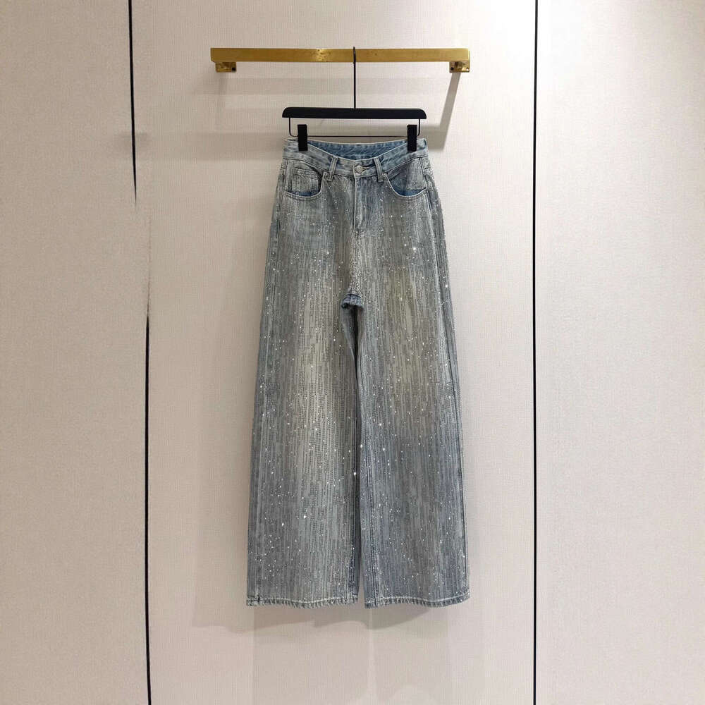 Designer Shenzhen Women's Fashion 2025 Autumn Winter New French Style High-End Heavy Rhinestone High-Waist Denim Pants e338