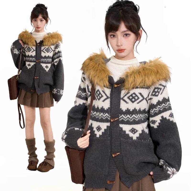Bestseller 2000s Aesthetic Y2k Harajuku Gray Fur Collar Hooded Sweater Jacket Women Autumn Loose Retro Korean Knitted Cardigan New ddmytues