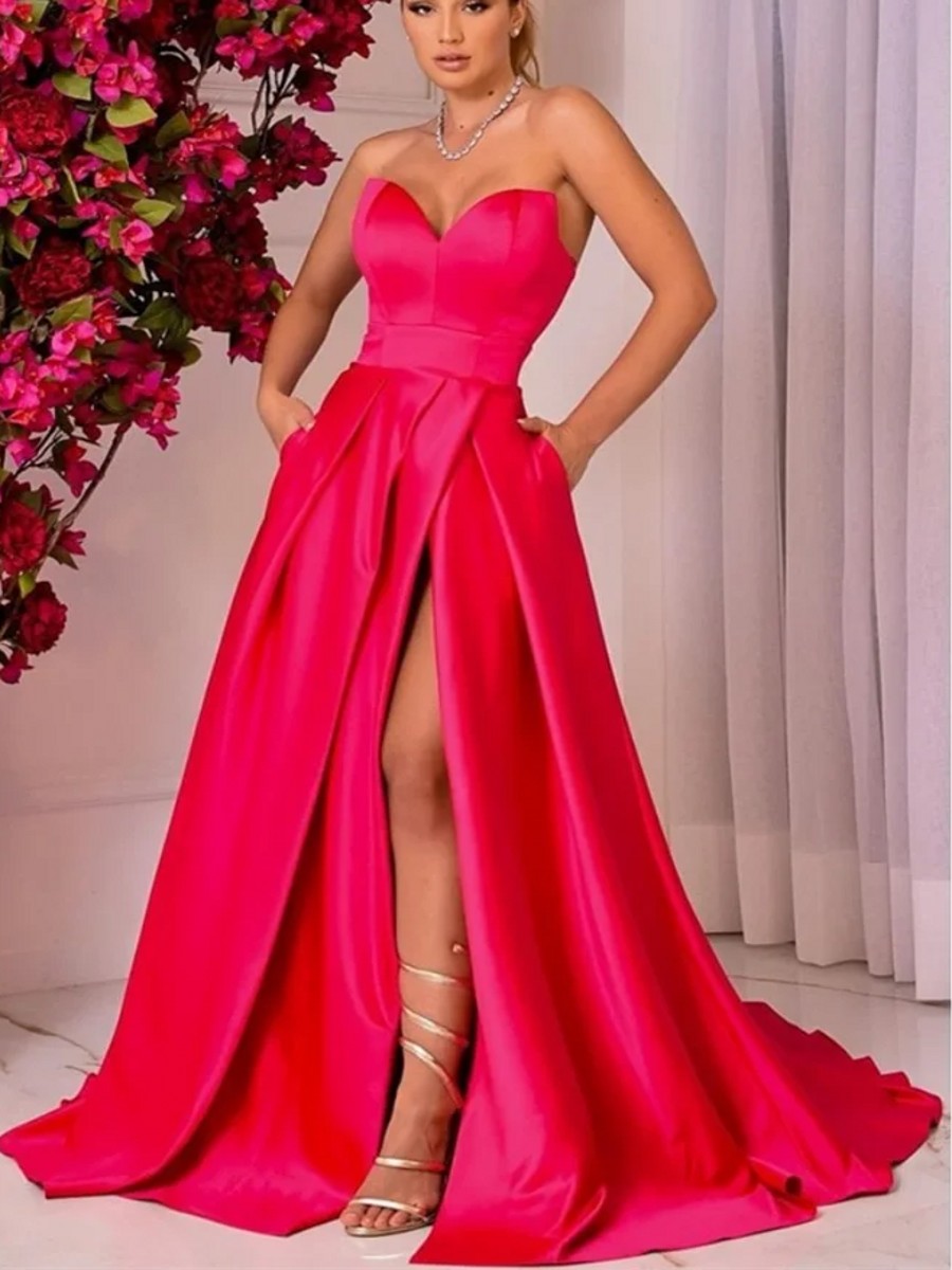 Simple Fuchsia A-line Evening Formal Dress 2026 Sweetheart Side Split Satin Mermaid Prom Pageant Party Gowns Gala Robe De Soriee