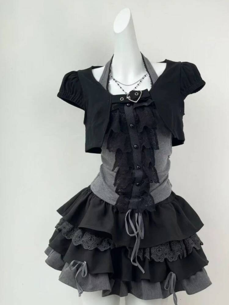 Bestseller Gothic Retro 3 Piece Women Elegant Y2k Crop Top Corset Vest + Mini Skirts Lolita Sexy Vintage Sets Female Korean Outfits ddmytues