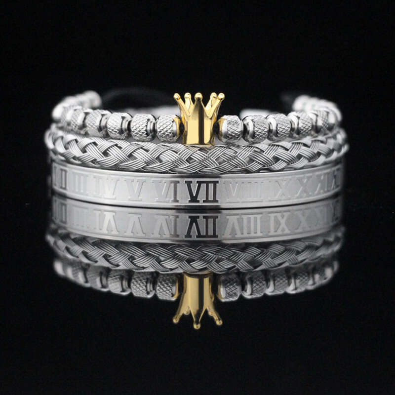 Retro Titanium Steel Bracelet Set for Men Diamond Inlay Letter Crown Jewelry for Daily Casual & Office Commute