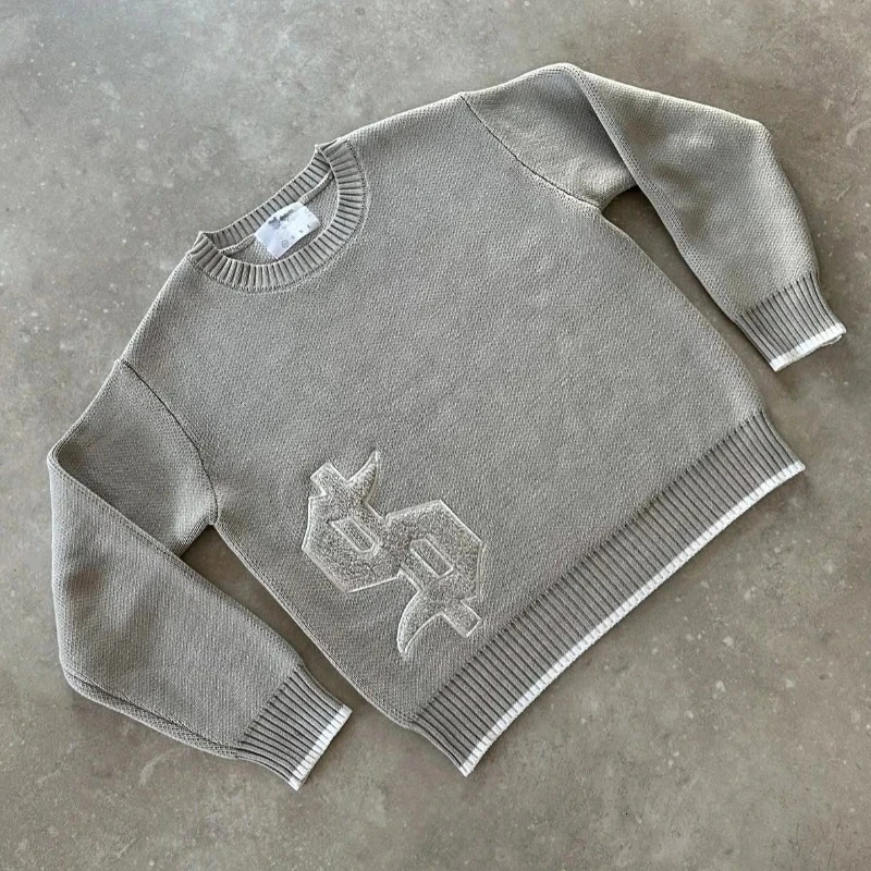 Y2K Round Neck Gray Knitted Sweater Symbol Pattern Retro Harajuku Pullover Autumn Winter Warm Boxy Mens Clothing 260104