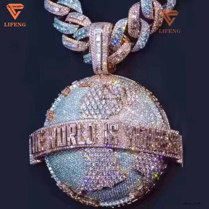 Custom Men's Chain 3D Thick Globe Pendant Necklace Full Iced Out Moissanite VVS Silicon Stone 925 Silver Hip Hop Charm Jewelry