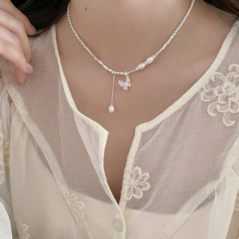Korean Style Ins Zircon Butterfly Beaded Pearl Niche Design Sense Collarbone Chain Fairy Trendy Versatile Necklace