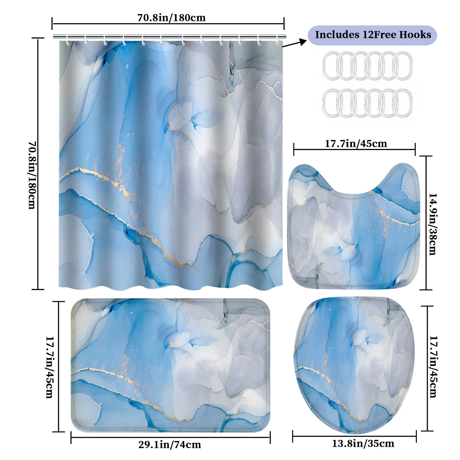 YL-38089 High-definition digital printing shower curtain four-piece set, waterproof, no-drill bathroom partition curtain, marble.