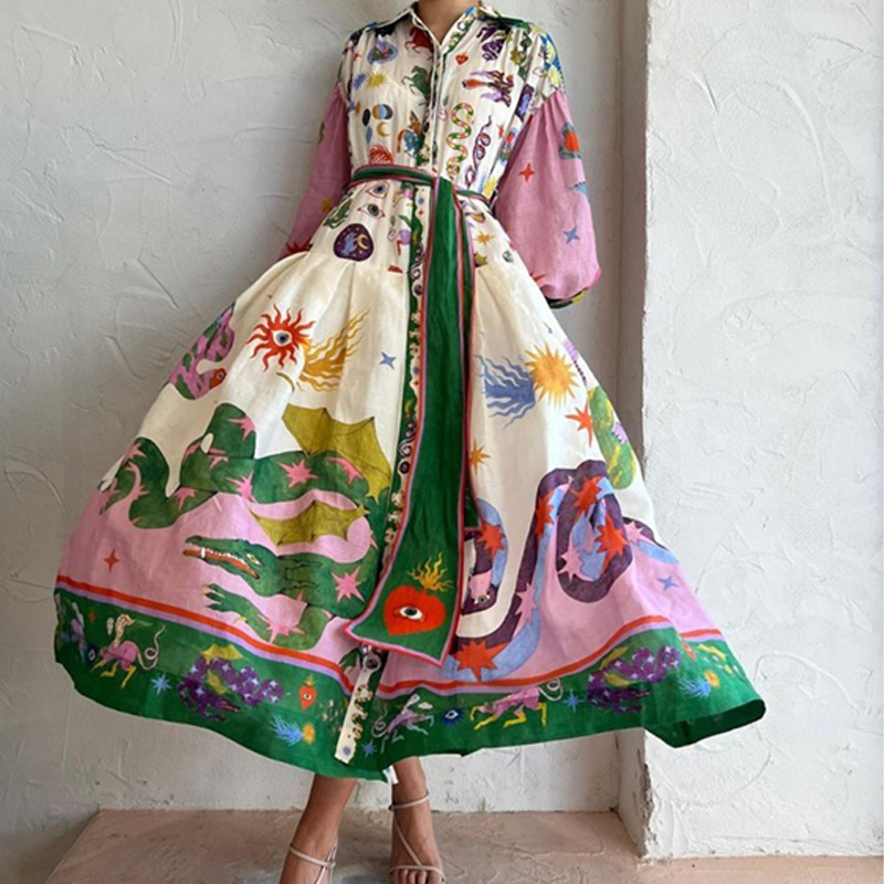 High quality short sleeved lapel with waistband and slim single breasted A-line printed shirt dress elegant large hem long skirt