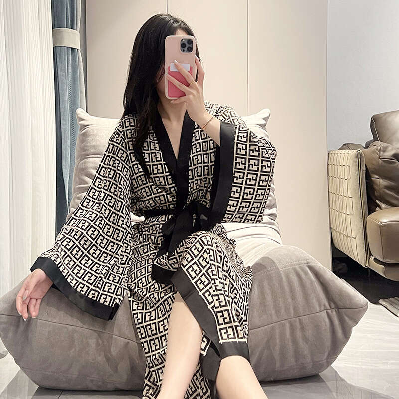 for Women Spring Summer New Ice Silk Sleeve Loose Tie Long Nightdress High-end Printed Homewear Can Be Worn Outside