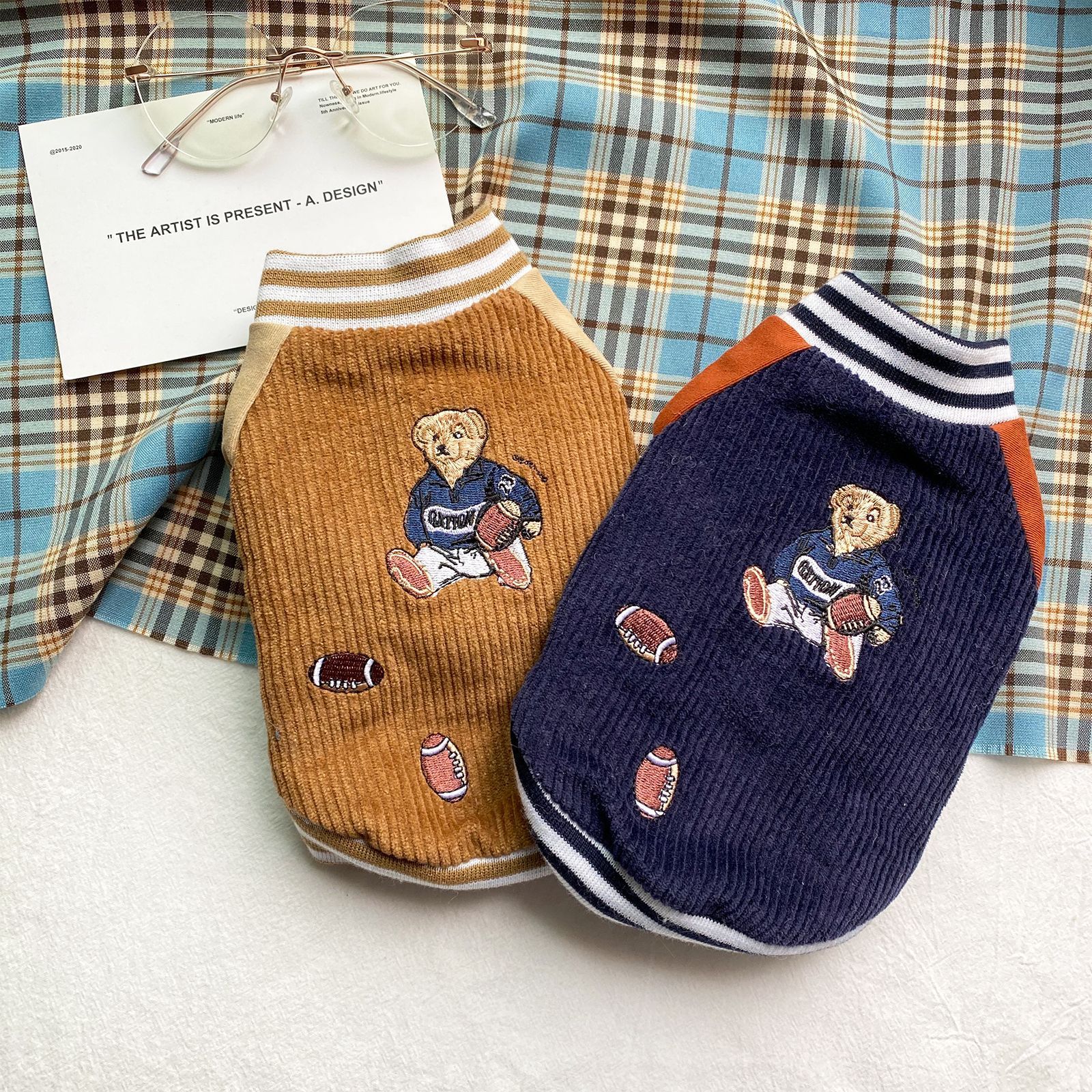 Dog Fleece Coat Sweater Winter Jacket for Small and Medium Dogs with Embroidered Teddy Bear Rugby Player Cold Weather Coat for Dogs Boy Girls M