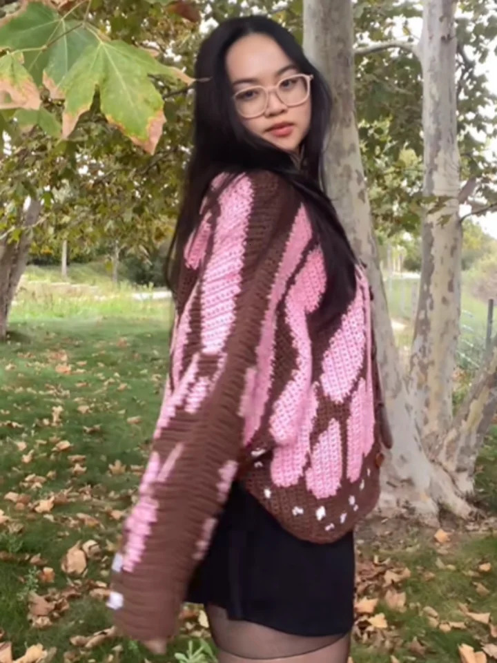 Butterfly Shaped Knitted Cardigan For Women V Neck Crochet Cape Knit Sweater Long Sleeve Single Breasted Coat Spring 260104