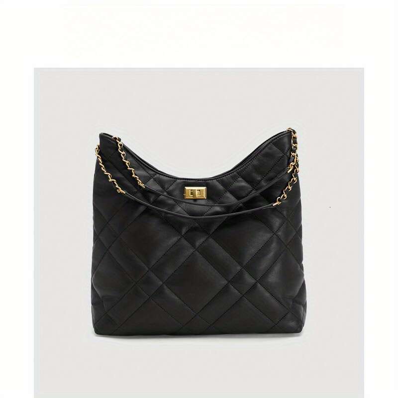 Women 2026 Black With Golden Chain Strap Stylish Quilted Design Turn Lock Closure Polyester Lining Ideal For Spring Commute Everyday Bag Quilted Pattern