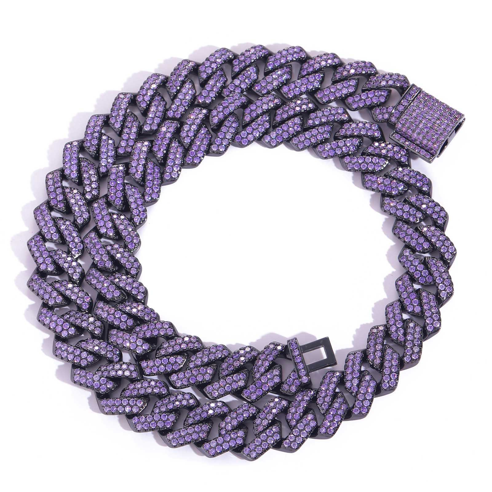 15mm Hip Hop Purple Cubic Zircon Rhombic Cuban Chain Necklace Bracelet Jewelry Set Gun Black Plated
