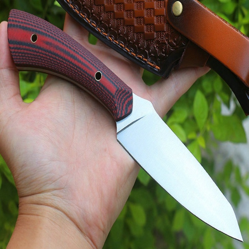 Free Shipping Outdoor Small Straight Knife Double Color G10 Camping Survival High Hardness D2 Steel Stainless Steel Creative Gift Knife with Leather C