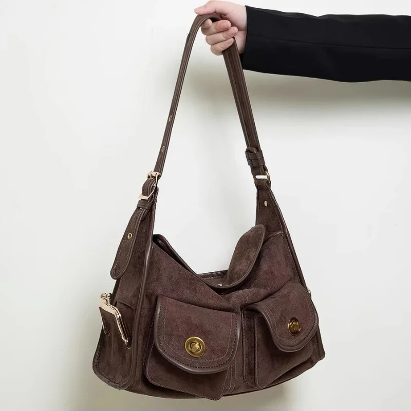 Suede Shoulder Bag Creative Double Pocket Underarm Bag Vintage Womens Bag Large Capacity Commuter Bag Retro Adjustable Handbags 260207
