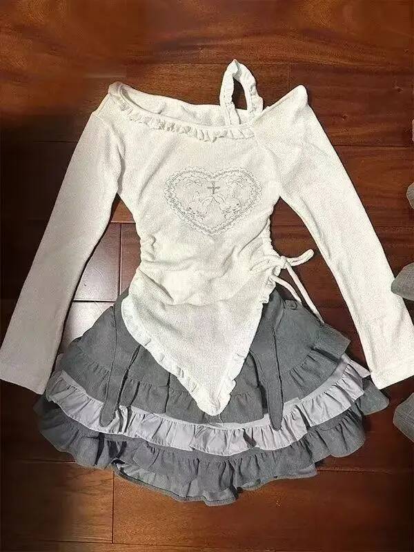 Bestseller Sweet Kawaii 2 Piece Set Women Zipper Hooded Tops + Short Cake Skirt Japanese New Fashion Lace Patchwork Cute Suit Summer 2025 ddmytues