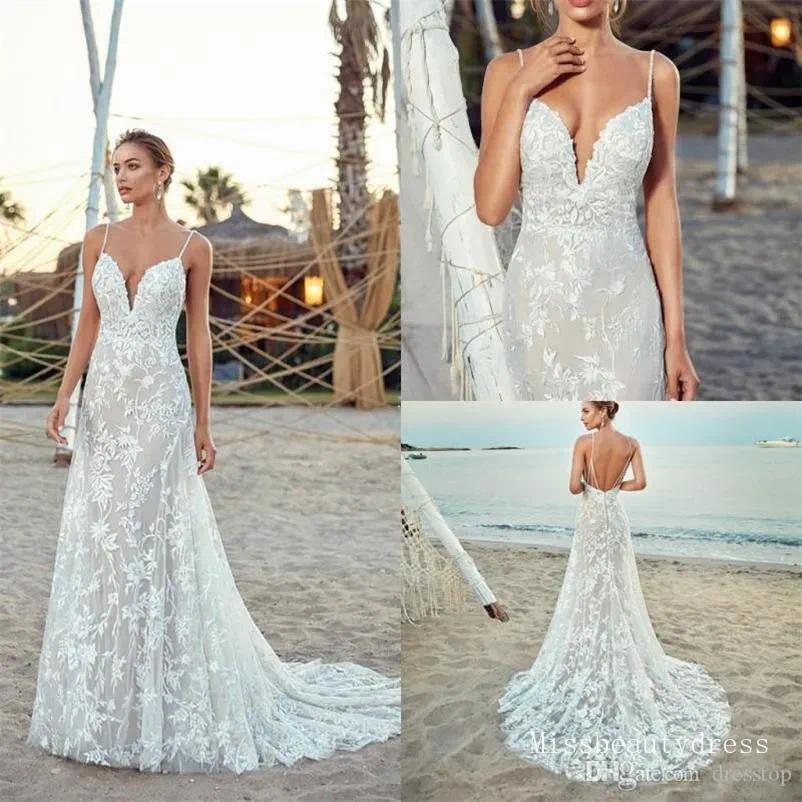 Eddy k Beach Wedding Dresses Spaghetti Lace Bridal Gowns vestido de novia Backless Boho Beach Wedding Dress Plus Size