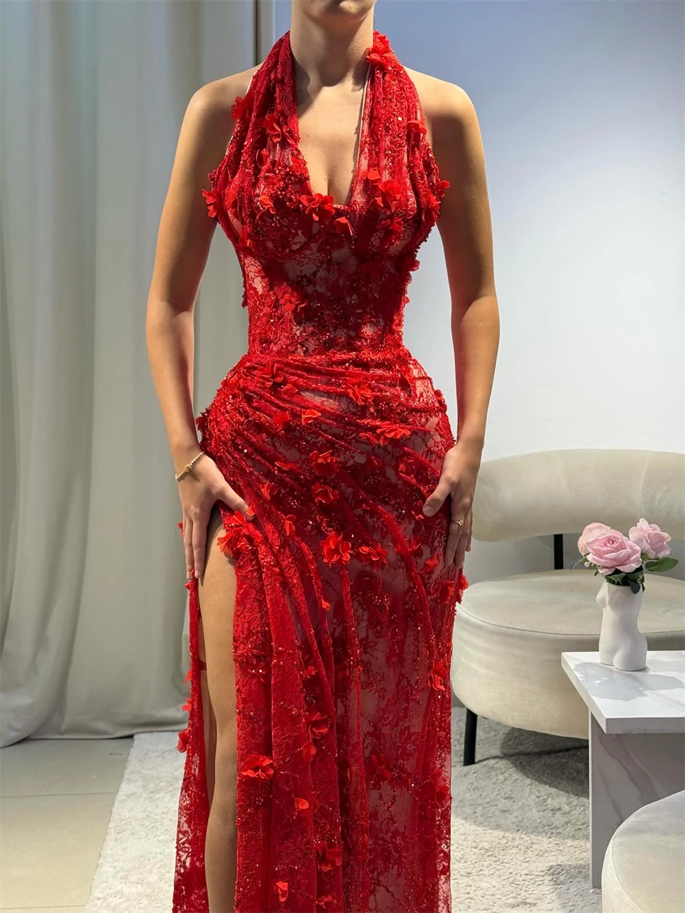 Sexy Red Lace Prom Party Dress 2026 Halter Pleats Side Split 3D Flower Long Mermaid Evening Birthday Formal Gowns Robe De Soiree Vestidos Feast D0330