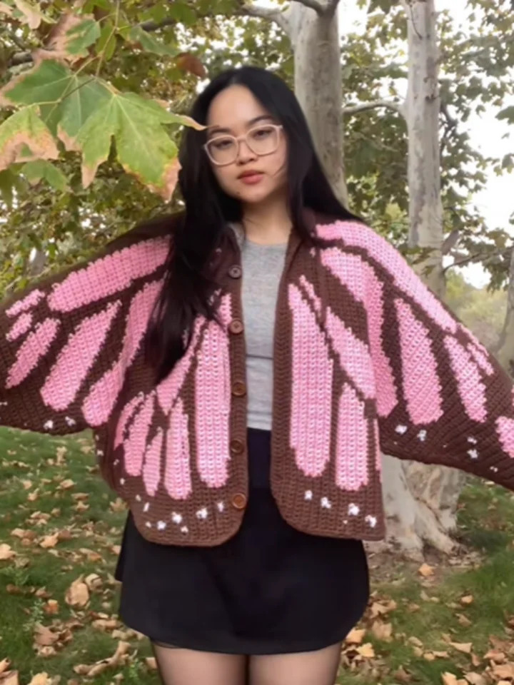 Butterfly Shaped Knitted Cardigan For Women V Neck Crochet Cape Knit Sweater Long Sleeve Single Breasted Coat Spring 260104