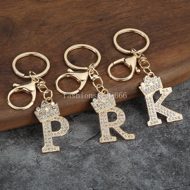 Fashion Rhinestone 26 Letter Keychain Luxury Crown Metal Keyring for Women Girls Car Handabg Phone Pendant Charm DIY Accessoreis
