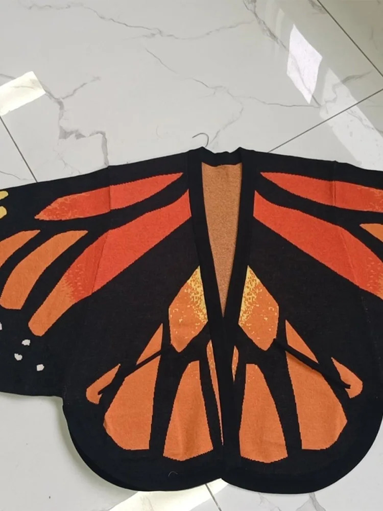 Butterfly Shaped Knitted Cardigan For Women V Neck Crochet Cape Knit Sweater Long Sleeve Single Breasted Coat Spring 260104