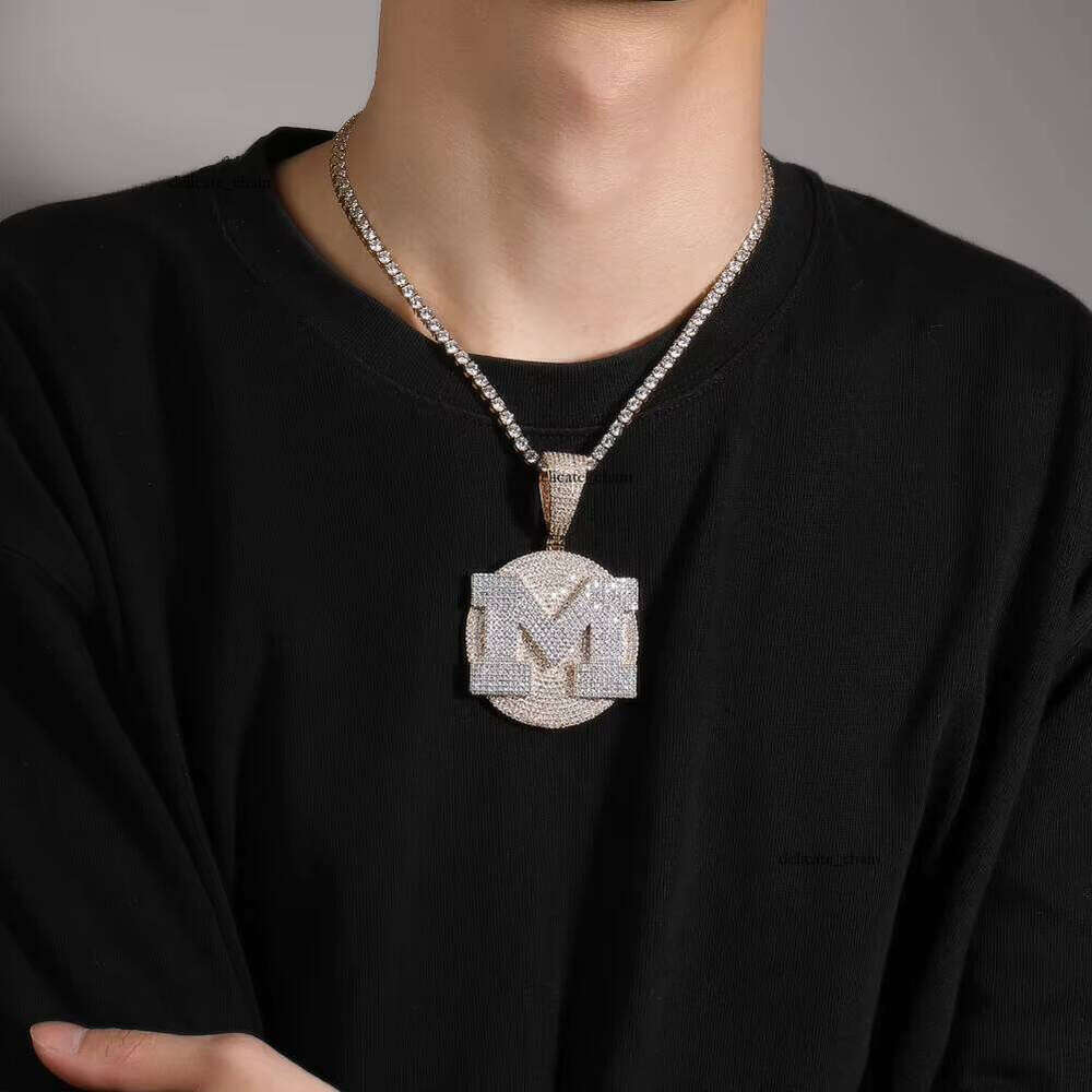Ice out VVS Moissanite Letter Round Large Hip-Hop Two-Tone Pendant with Cross Chain Accessories