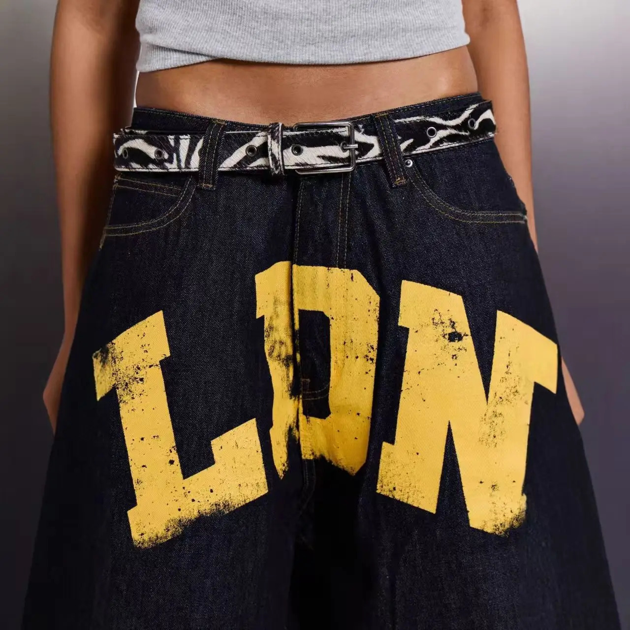 American Vintage Letter Print Jeans Womens Black Gothic Y2k Loose Denim Pants Fashion Hip Hop Wide Leg Casual Streetwear 260104