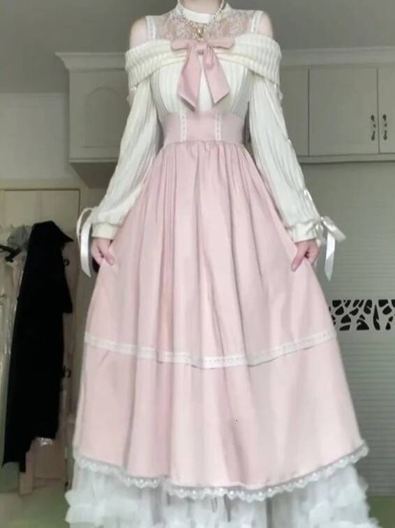 Bestseller Off-Shoulder White Lolita Lace Trim Bow Style Sweet Party 2025 Autumn Daily Wear Outfit Women Cute Midi Dress New ddmytues