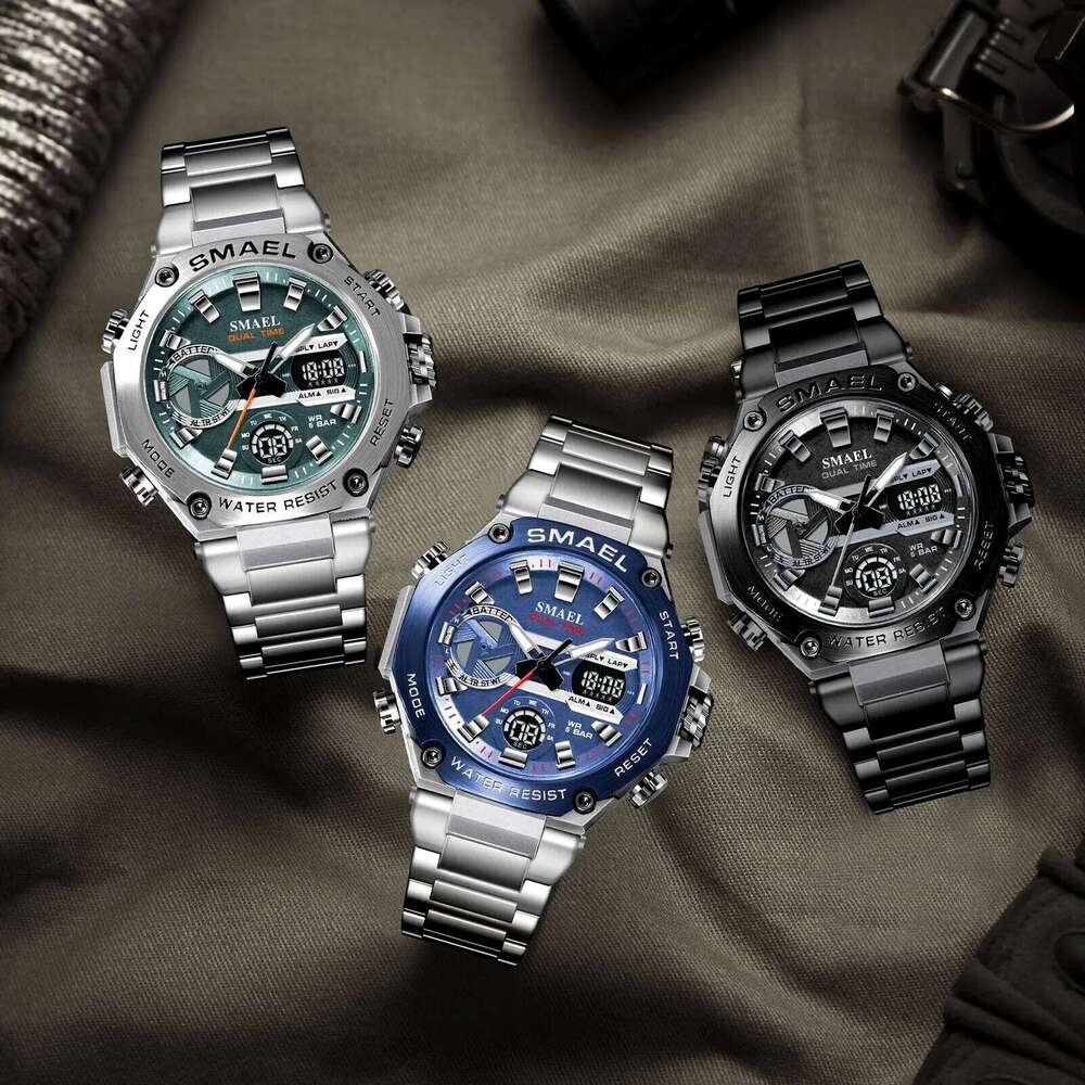 SMAEL Brand Fashion 8097 Stainless Steel Sport Dual Time Luminous LED Display Quartz Digtal Watch For Men 26N0105