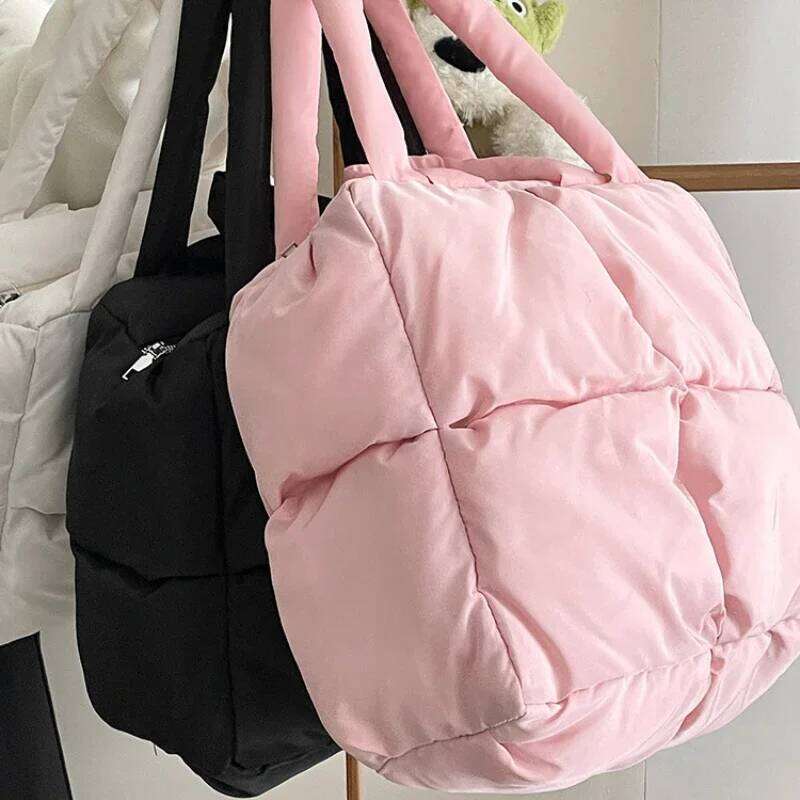 Women Retro Checkered Quilted Shoulder Bag Solid Color Soft Handbags Pink Sapce Padded Tote Brand Designer