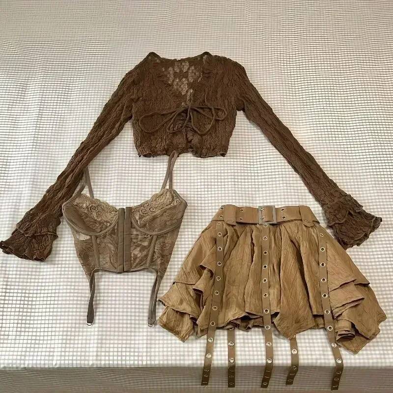 Bestseller Harajuku Vintage Fashion 3 Piece Set Korean Style Suit Woman Short Cardigan Slim Vest + Y2k E-Girl High Waist Skirt Hot Girls ddmytues