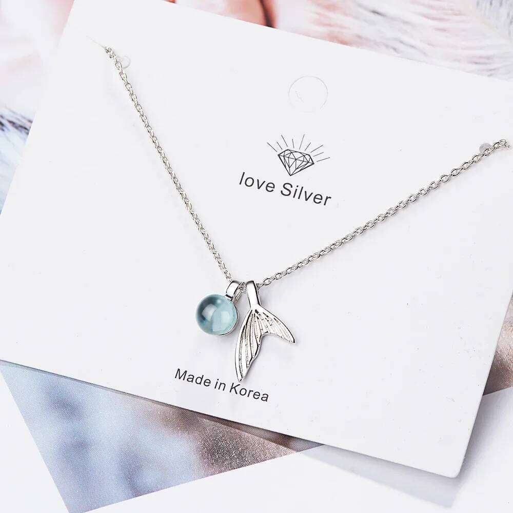 S925 Sterling Silver Women's Sapphire Bead Mermaid Tail Pendant Necklace 40cm+3.5cm Luxury Jewelry
