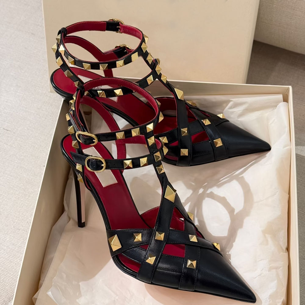 new model Luxurys Designers Shoes high heel balck patent leather buckled strap Cage heels sandals stiletto pointed toes ankle straps Dress shoe With box