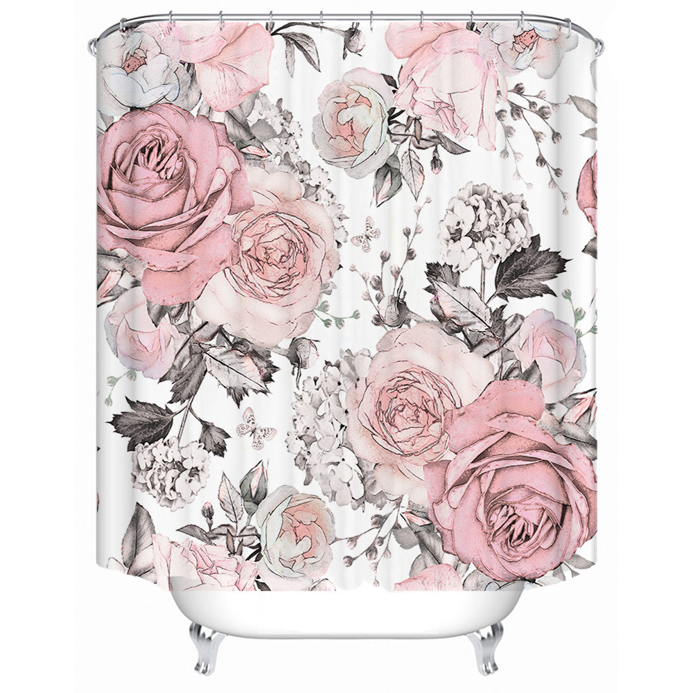 YL-38103 Floral Shower Curtain Set with Watercolor Floral Print Polyester Waterproof Shower Curtain and Bathroom Cover