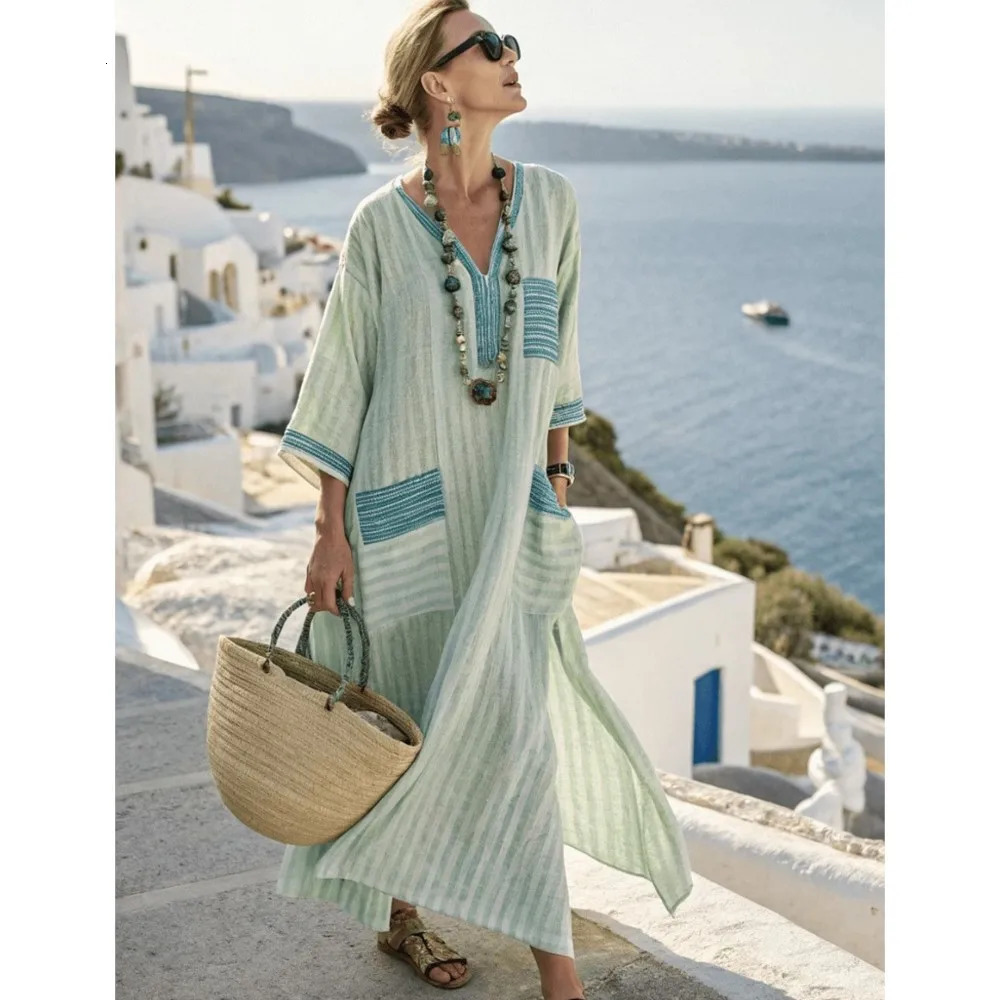 Summer Linen Printed Striped Loose Pocket Dress Womens Fashion Casual Elegant Women Beach Vacation Short Sleeved Sway Dress 260104