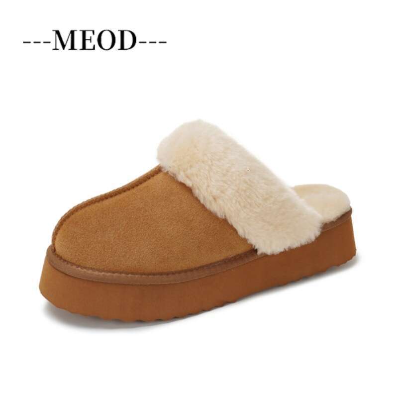 MEOD Winter Slippers Fluffy Shoes Leather Snow Boots Platform Slippers Women Wool Slides Classics Chestnut Non-Slip Shoes Best Quality With Box