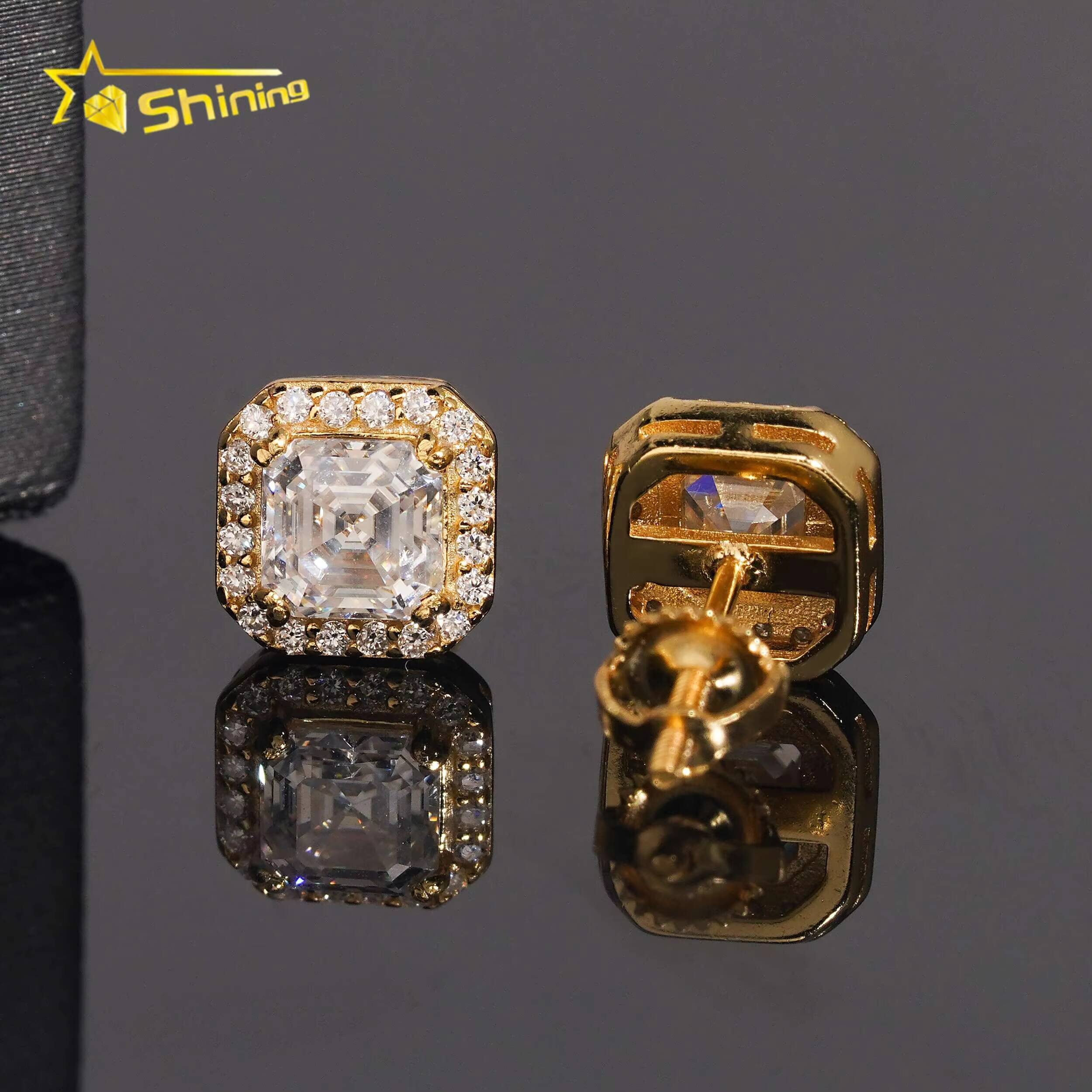 Luxury Hip Hop Jewelry Top Quality D VVS Diamond 925 Silver Men Asscher Cut Halo Moissanite Earrings