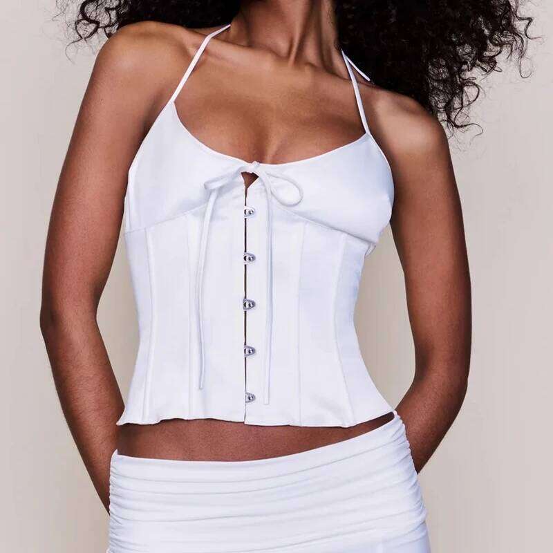 Women Solid Halter Neck Camisole Bodysuit Underwear Summer Front Button Corset Crop Tops Sexy Nigh Out Backless Tie Up Vest