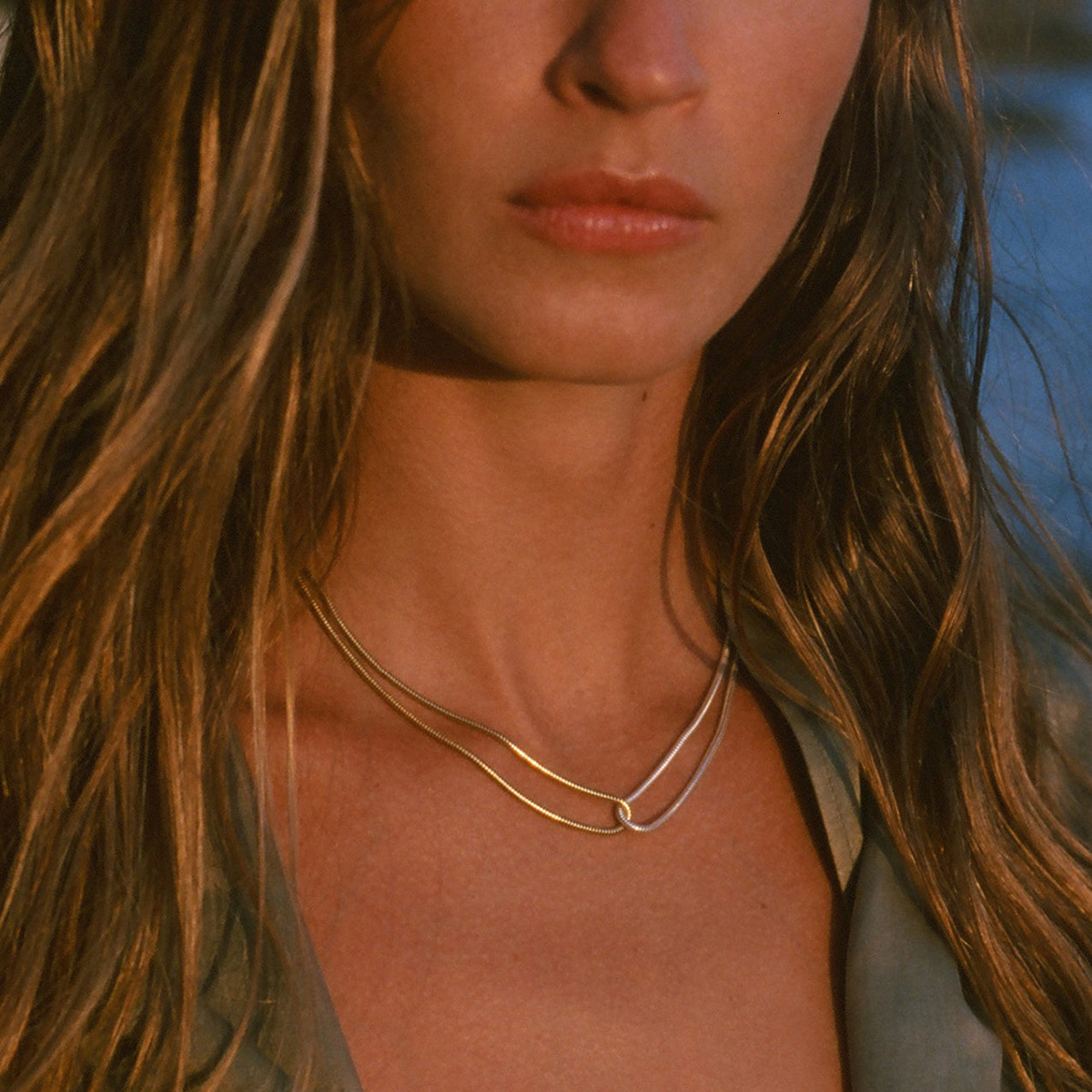 18K Stainless Gold and Silver Color Block Flat Snake Bone Chain Ins Minimalist Style Unique Design Titanium Steel Necklace