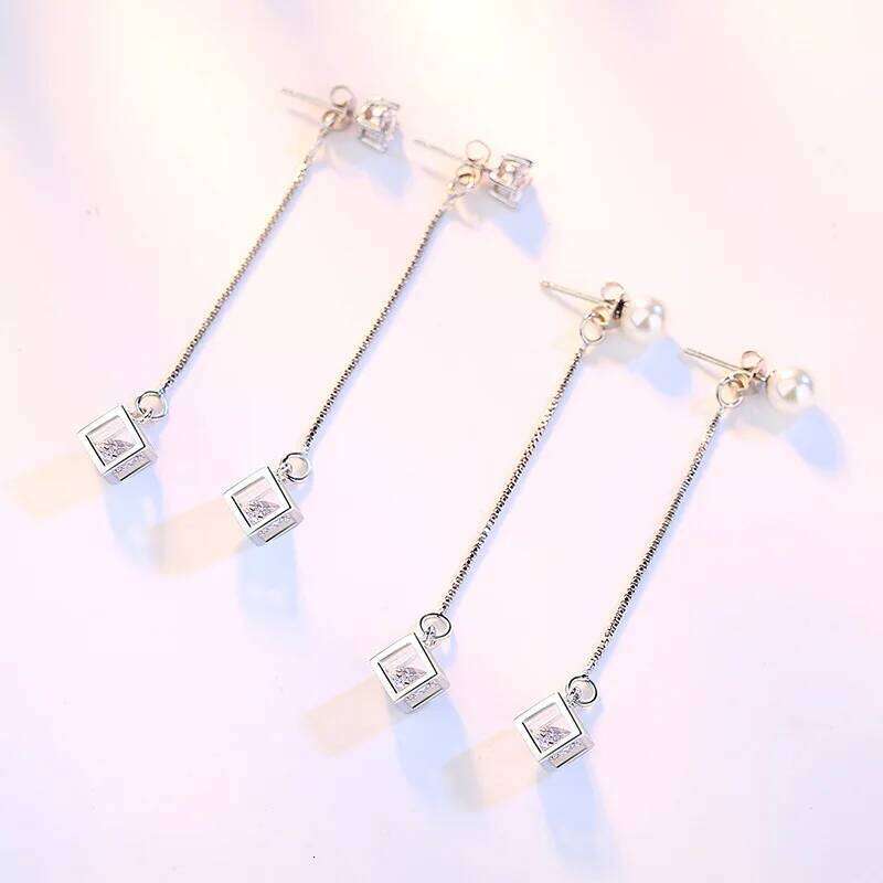 925 Sterling Silver Long Chain Cubic Zircons Earrings Ladies Fashion Simple Birthday Wedding Anniversary Jewelry Gift