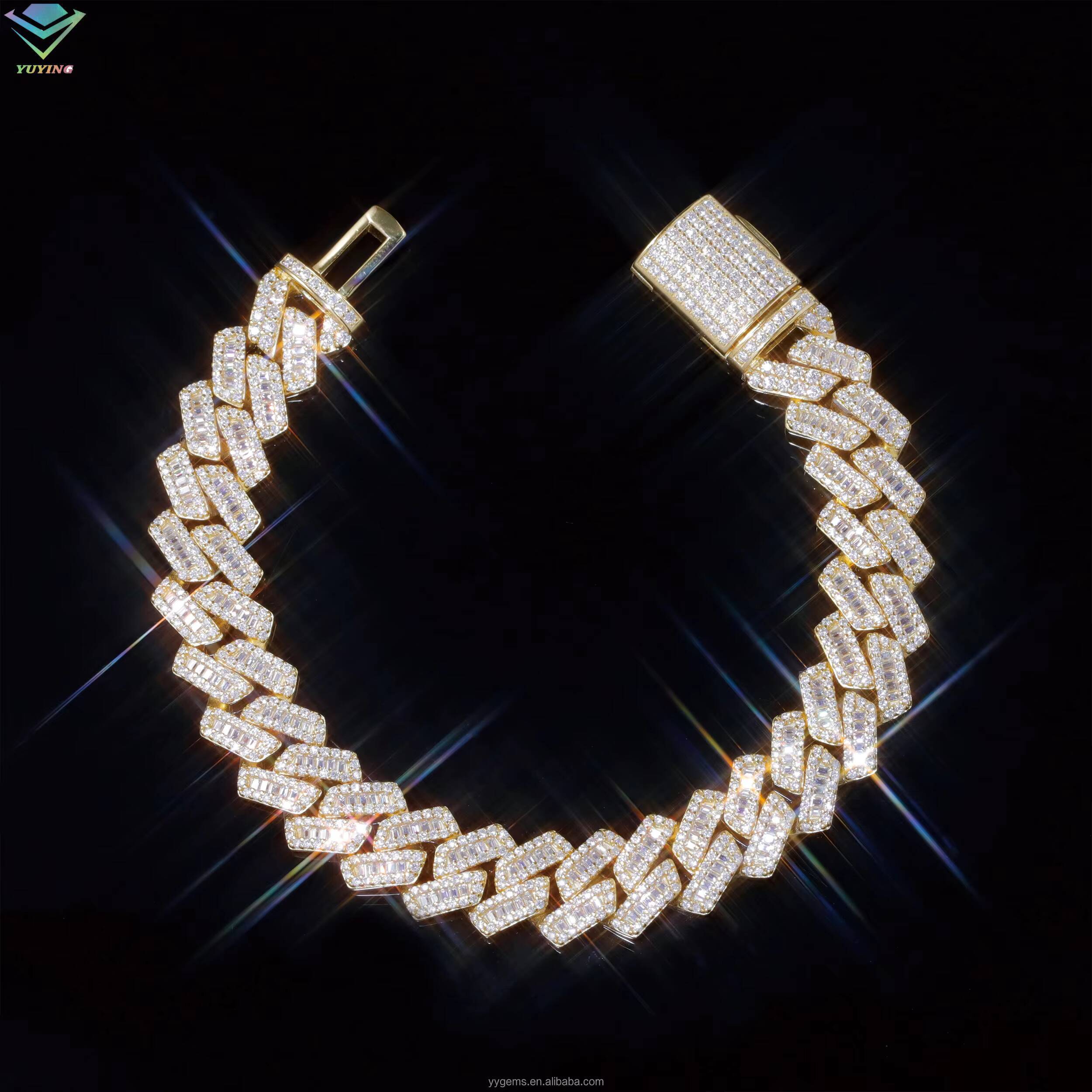 VVS Baguette Diamond S925 Sterling Silver Pass Diamond Tester VVS Moissanite Iced Out Cuban Link Bracelet For Mens