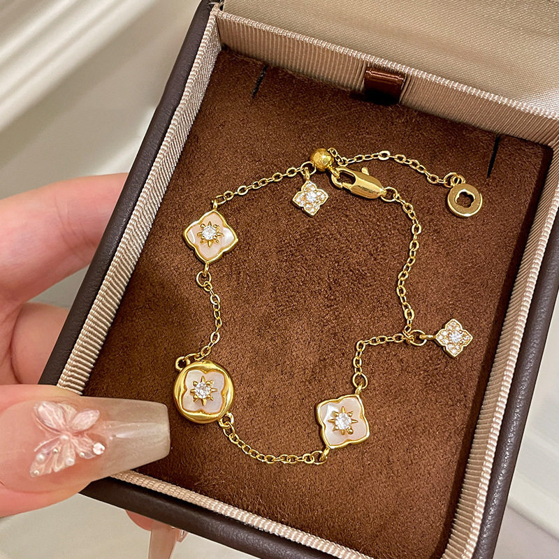 18K Real Gold Plated Zircon Mother-of-Pearl Flower Adjustable Bracelet Light Luxury High-End Feel Personalized Versatile Jewelry
