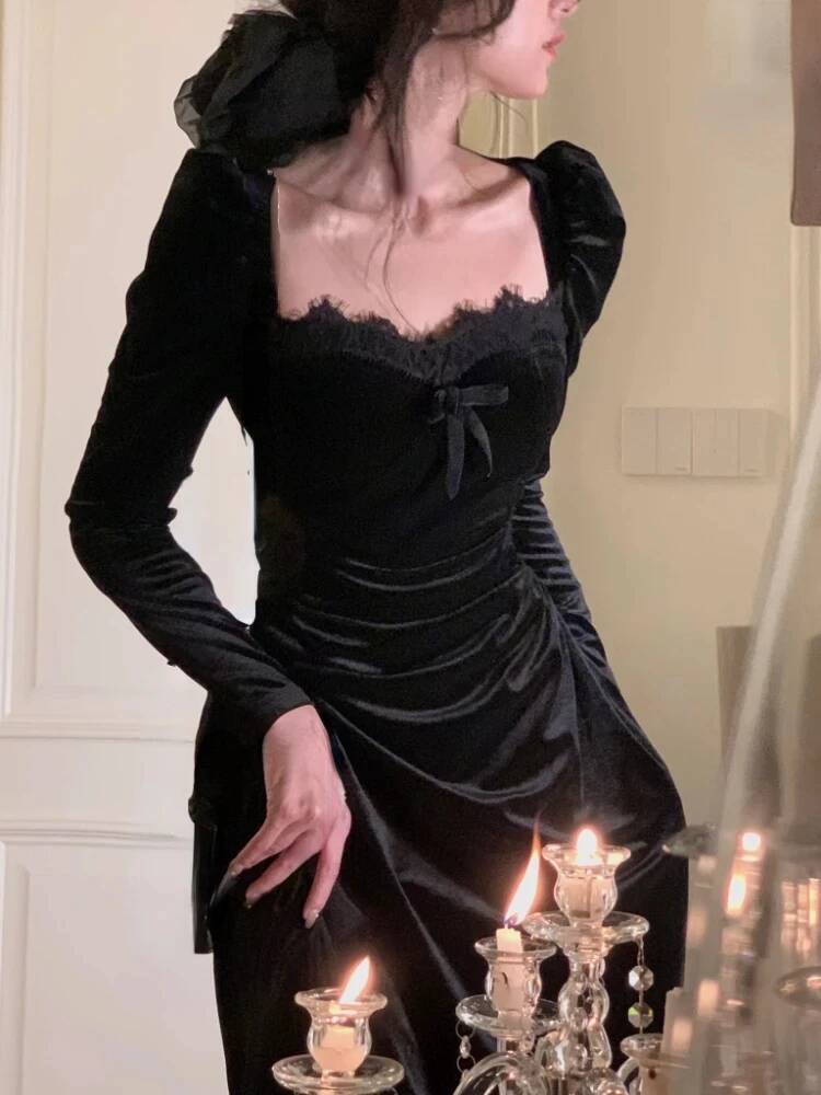 Bestseller French Elegant Black Midi Women Casual Korean Fashion Vintage Evening Party Woman Long Sleeve Lace Dress Slim Spring ddmytues
