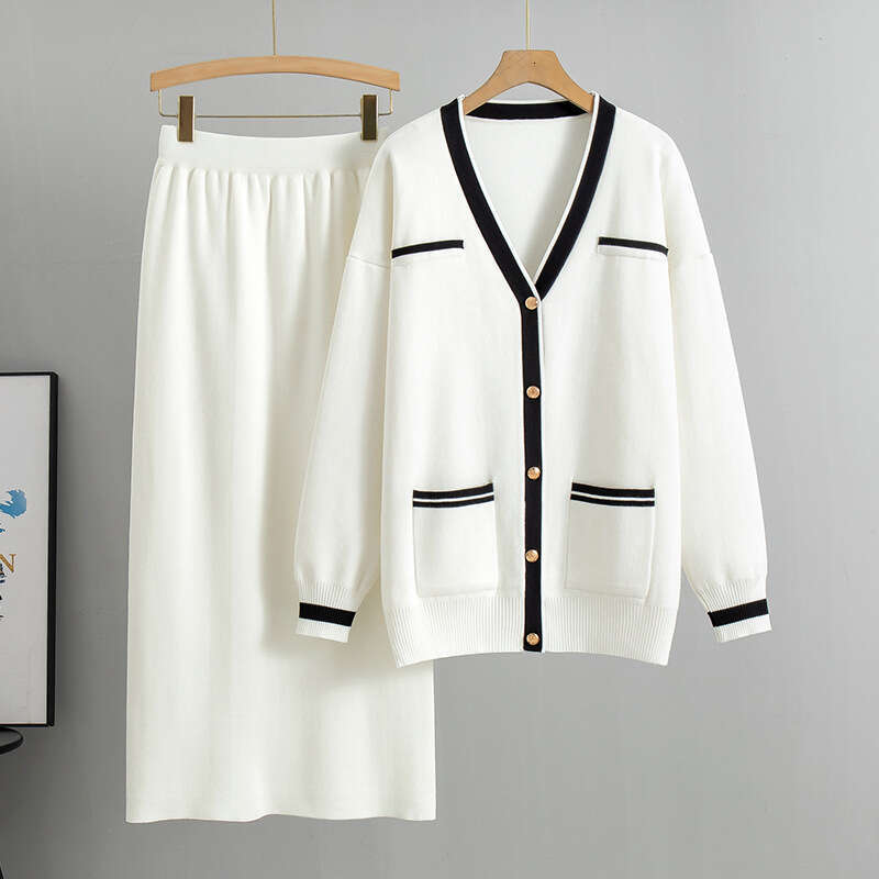 Fashion Loose Knit Sweater and Skirt Set Casual Two-Piece Knit Cardigan Set Midi Skirt Outfit for Autumn Winter Free Shipping