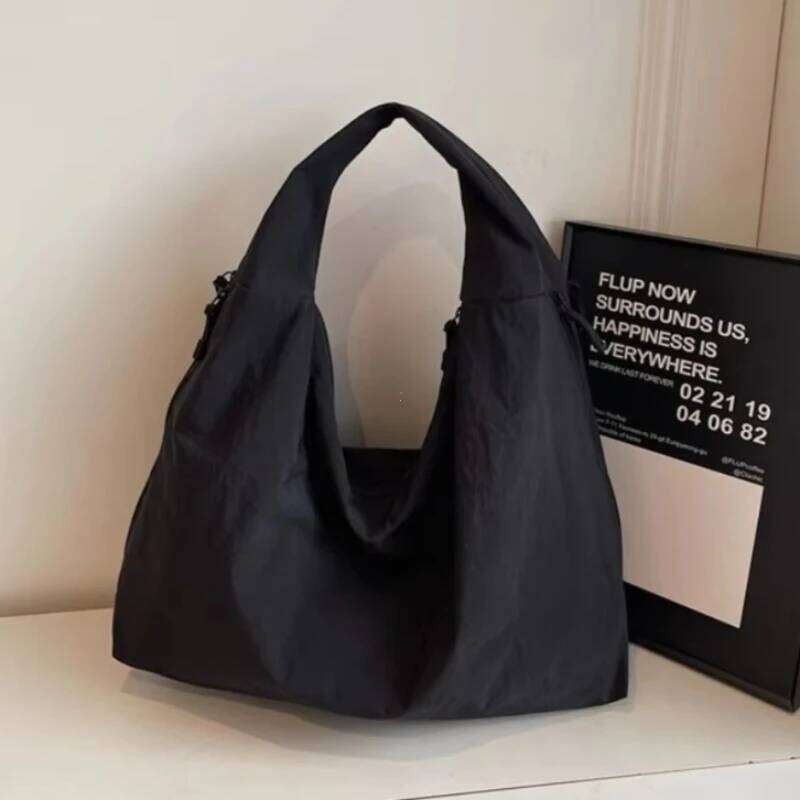 Chic Solid Color Nylon Tote with Multiple Zipper Pockets, Large Capacity Casual Shoulder Bag for College, Work, Everyday Use