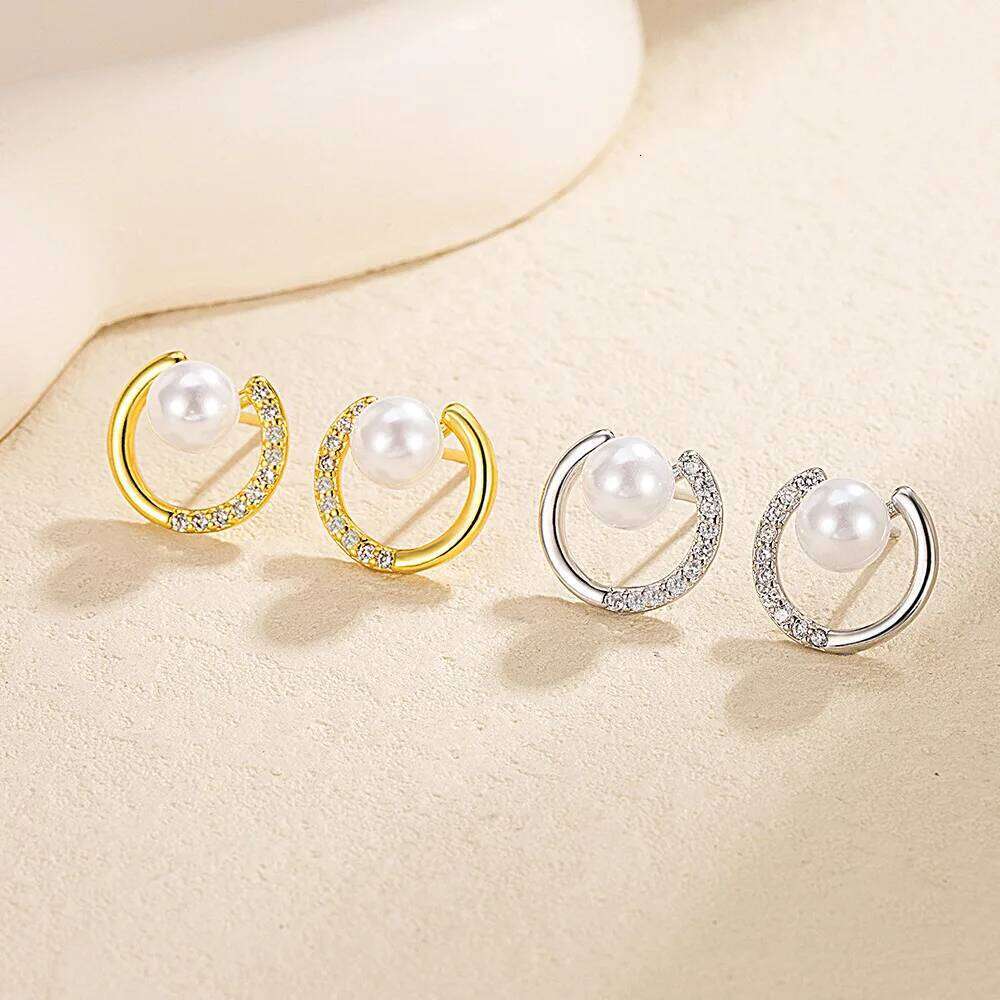 925 Sterling Silver Half Circle Imitation Pearl Earrings Ladies Fashion Simple Birthday Party Anniversary Jewelry Gift