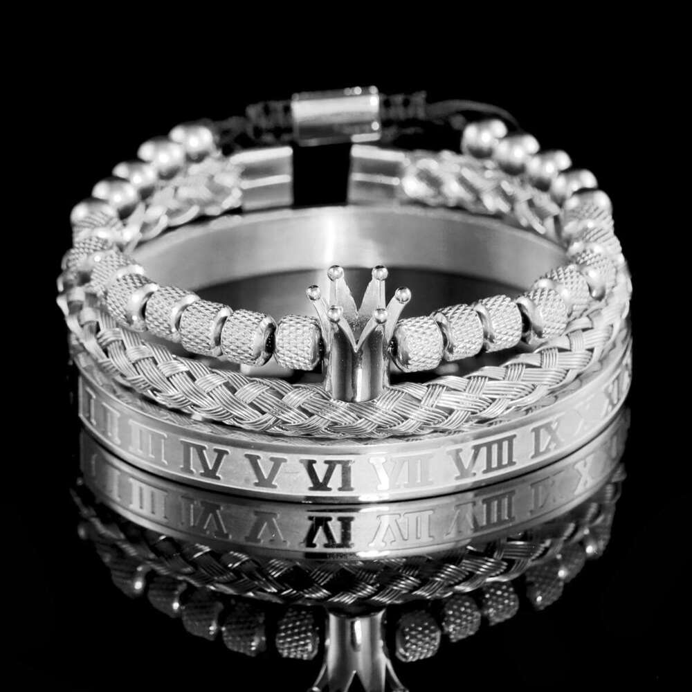 Hot-Selling European American Stainless Steel Braided Bracelet Set for Men and Women Roman Leopard Head Crown Punk Style Versatile Jewelry