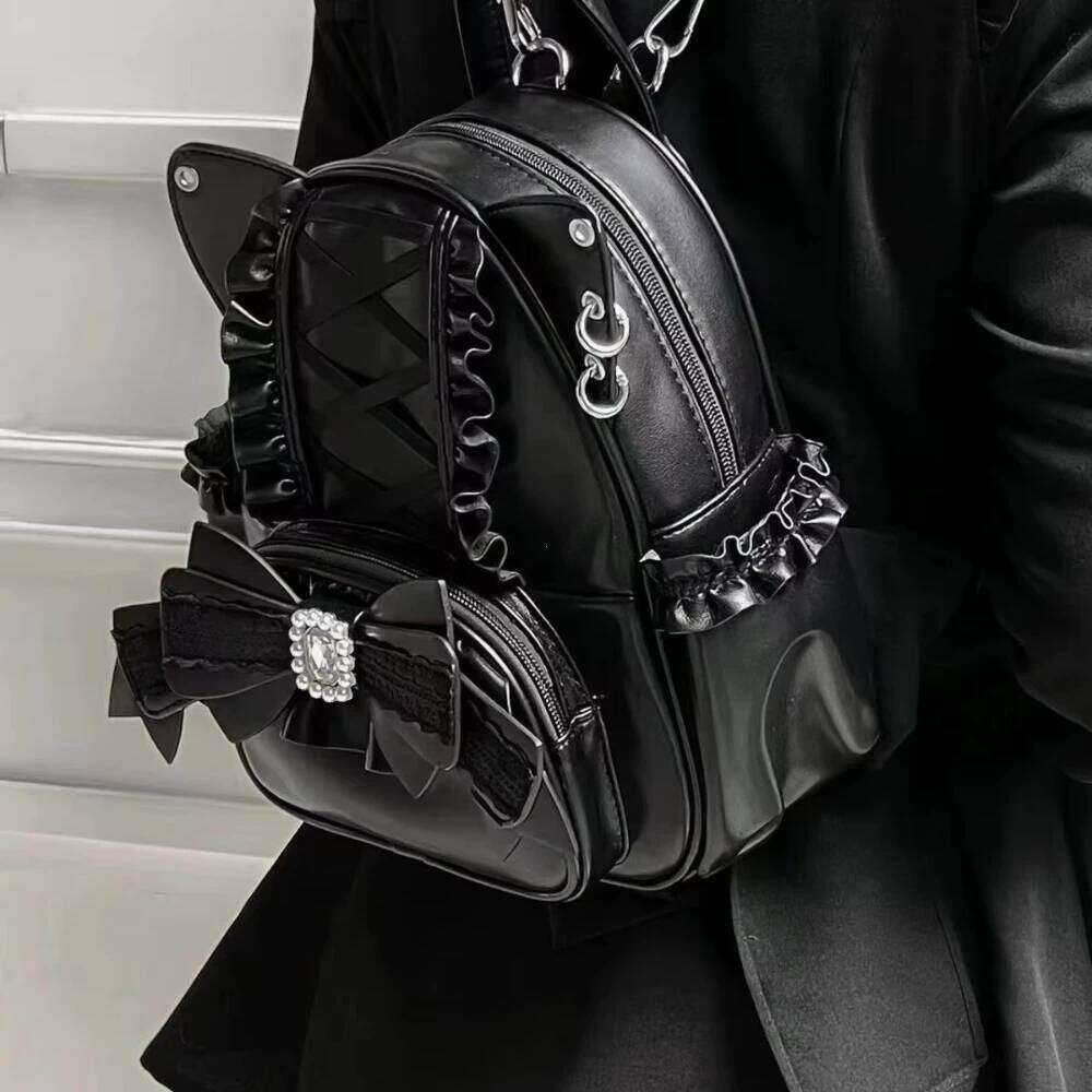 Korean Fashion Y2k Punk Bow Cat Ear Lotus Lace Decoration Lolita Backbag PU Leather Large Capacity Women Backpack