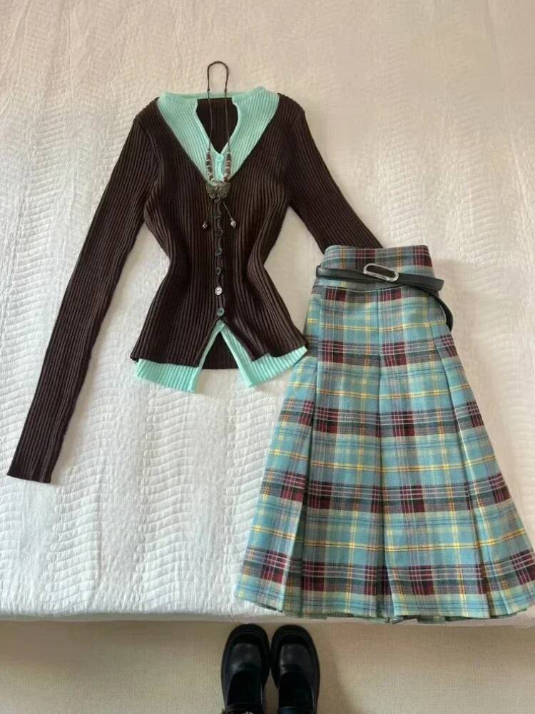 Bestseller French Elegant Vintage 2-Piece Women Set Patchwork Tops Plaid High Waist Skirt Slim Casual Gothic Harajuku Y2K Kawaii Subculture ddmytues