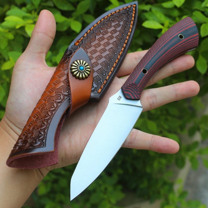 Free Shipping Outdoor Small Straight Knife Double Color G10 Camping Survival High Hardness D2 Steel Stainless Steel Creative Gift Knife with Leather C